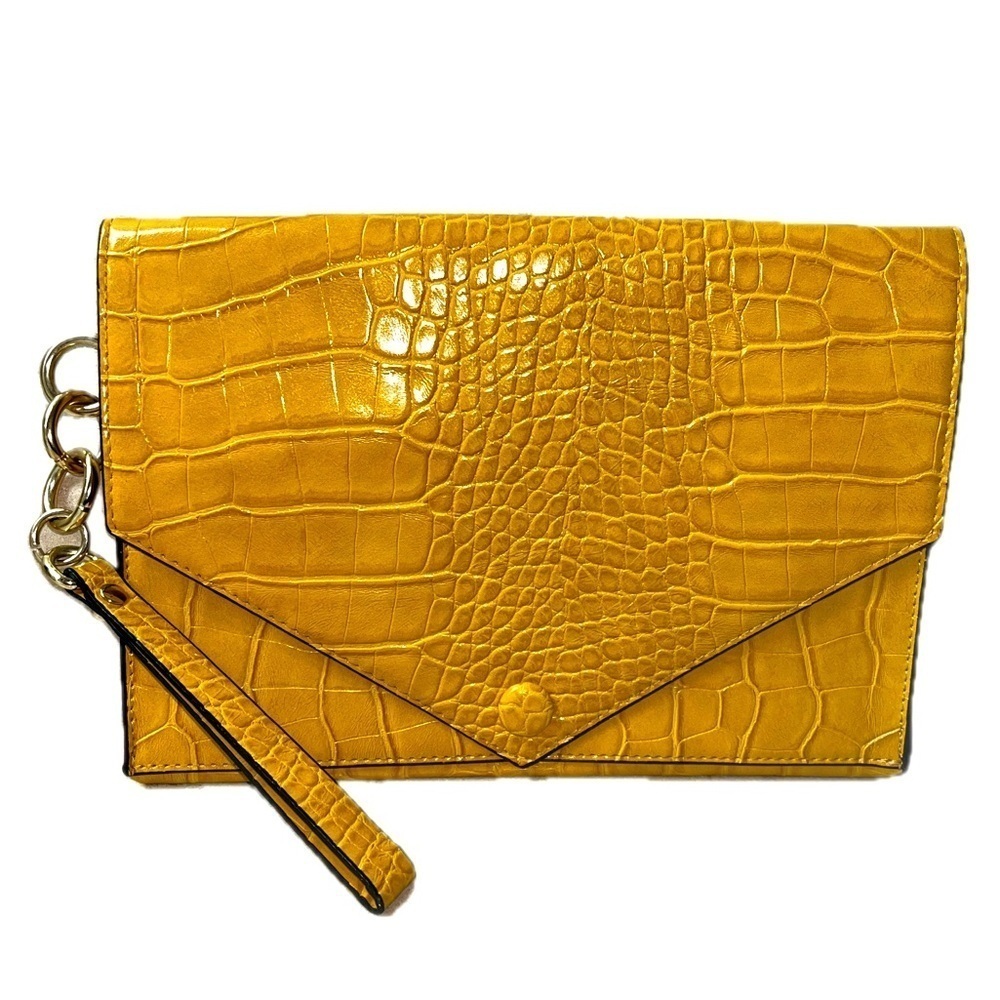 Zara Trafaluc Yellow Crocodile Embossed Texture Envelope Clutch/Wristlet Bag
